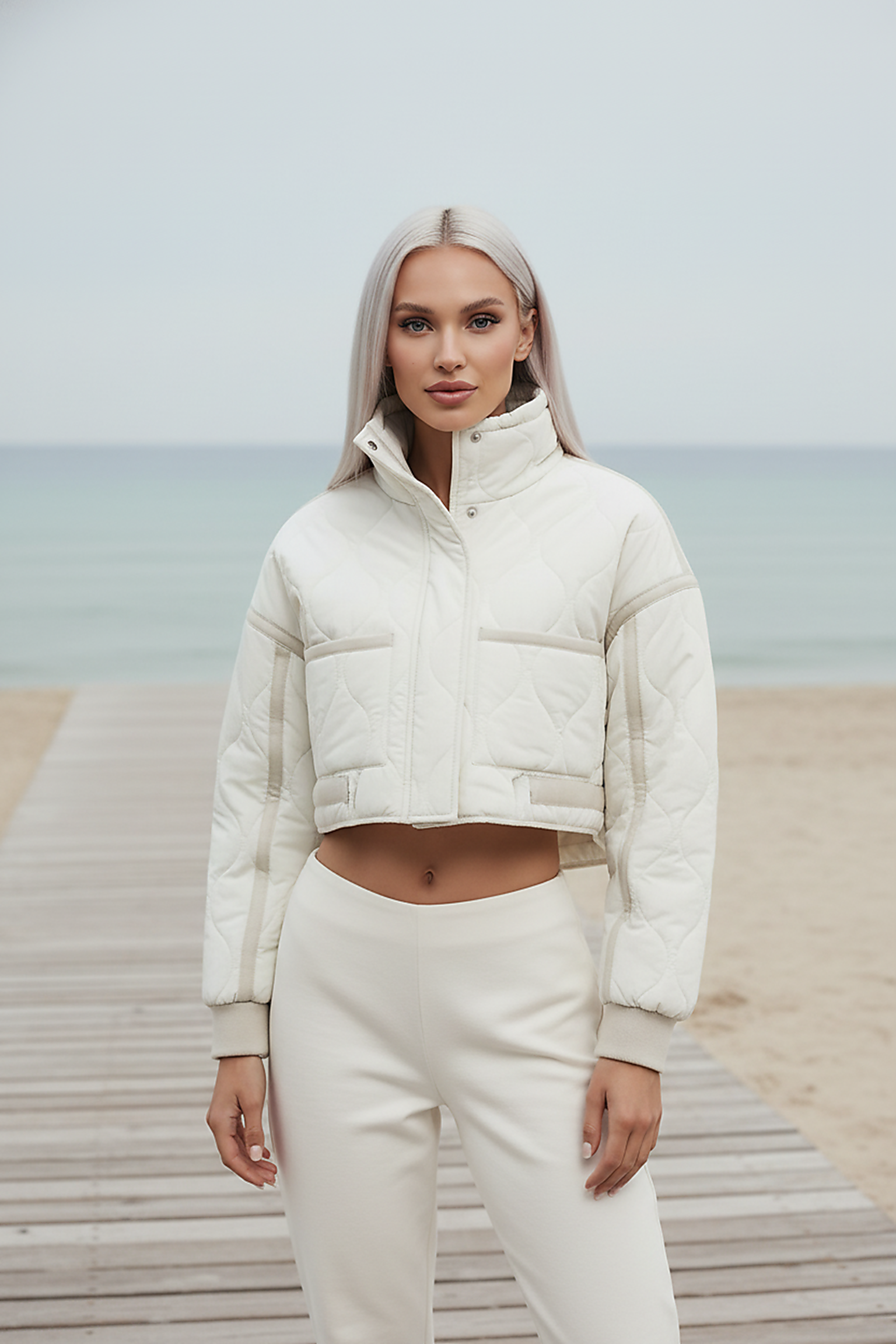 Stand-collar winter jacket, close-up of collar and fabric.