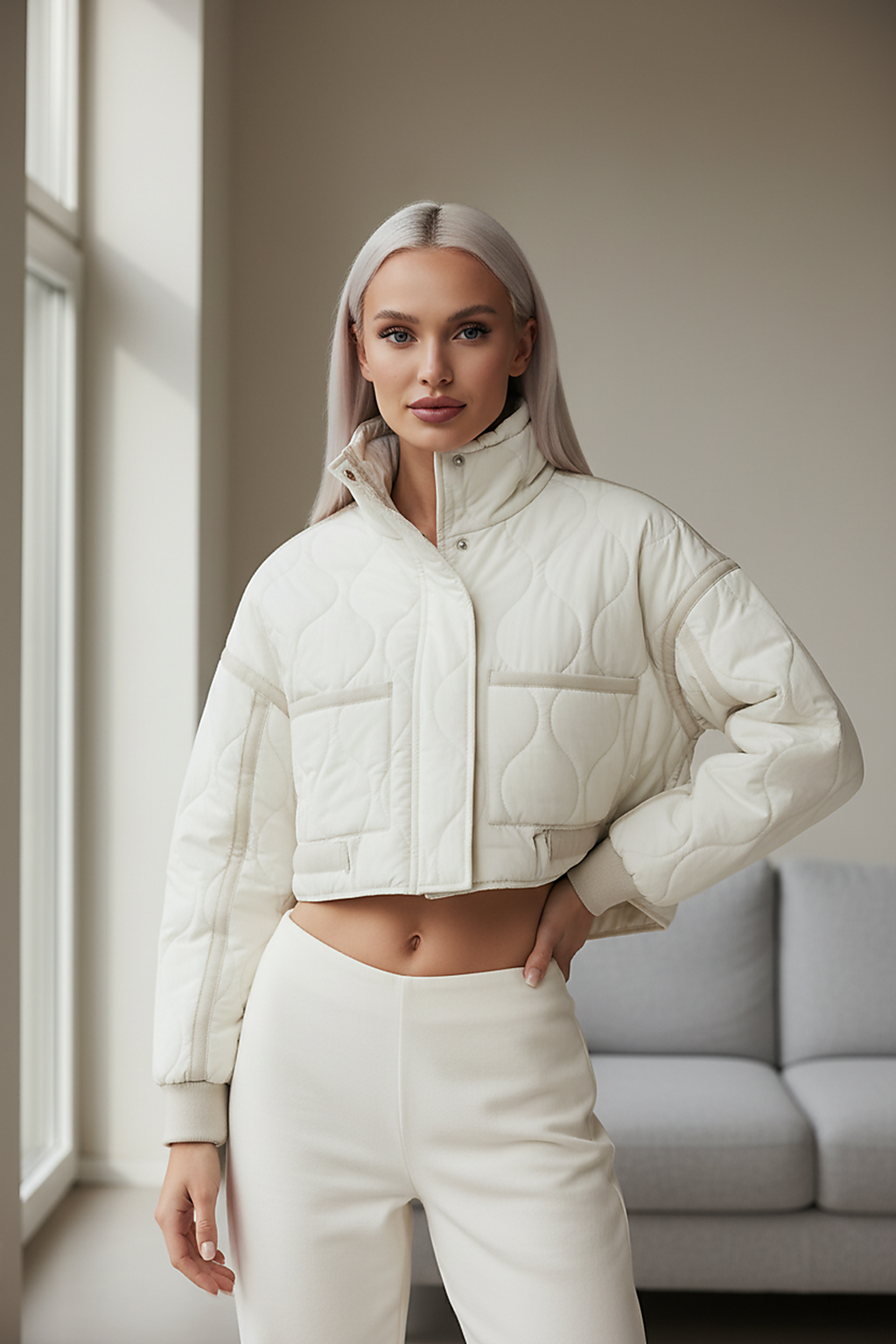 Stand-collar winter jacket, close-up of pocket and cuff.