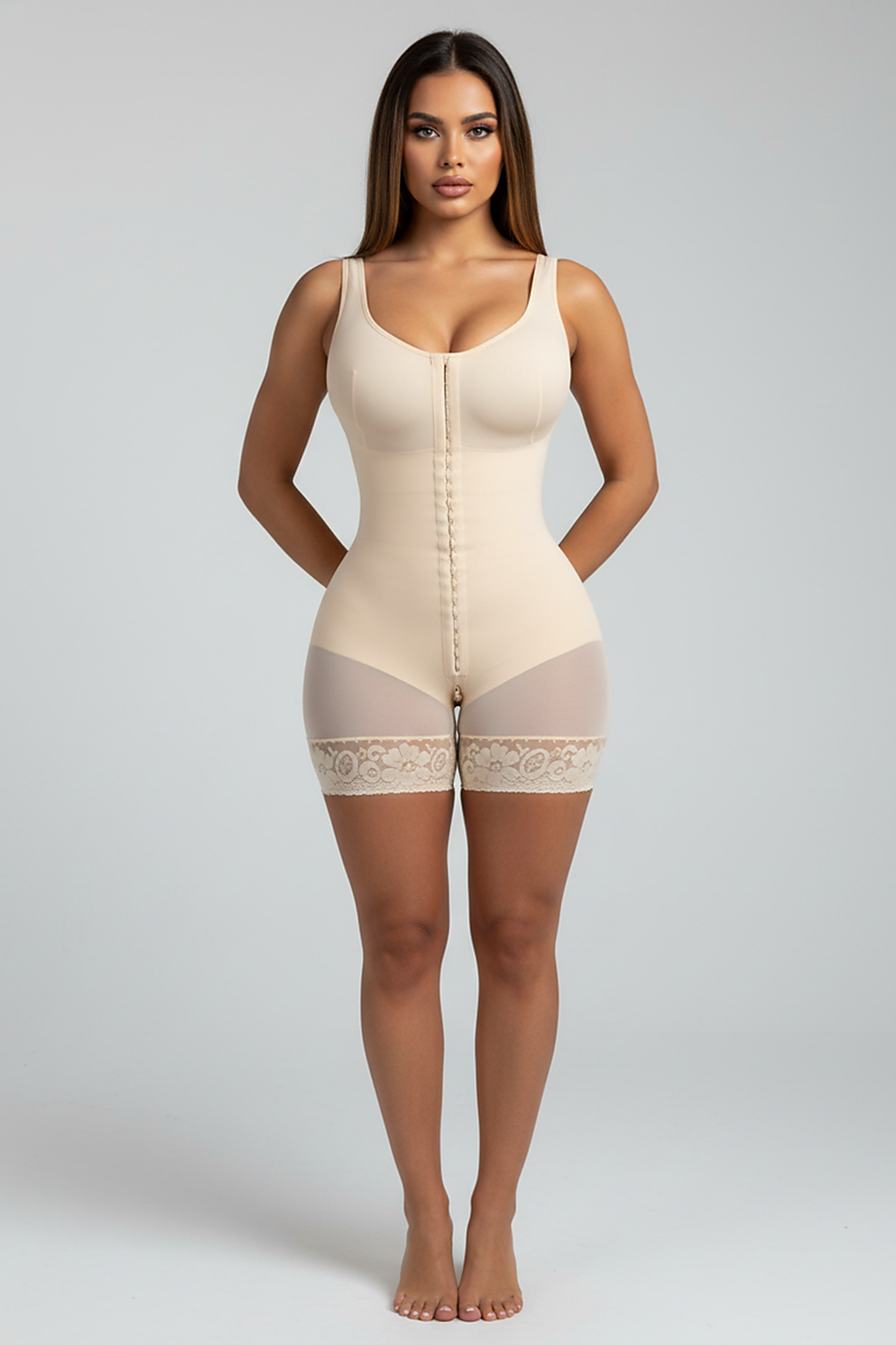 High-compression bodysuit, front view on model.