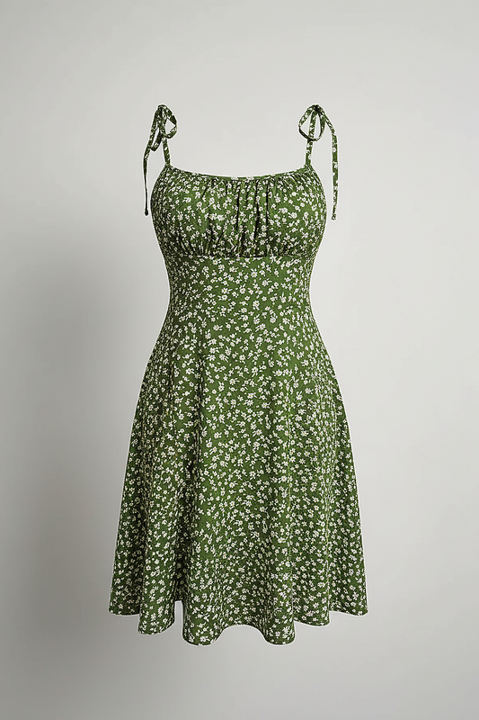 Model with hand on hip wearing a green floral tie-shoulder mini dress against a white background.; Full-length studio shot of a model wearing a green floral spaghetti strap sundress.; Model adjusting
