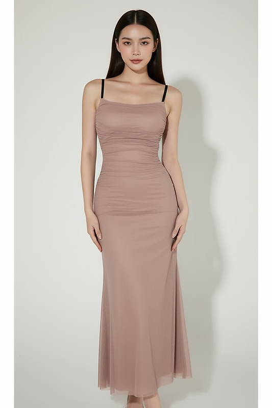 Wine red maxi dress, neckline detail close-up.