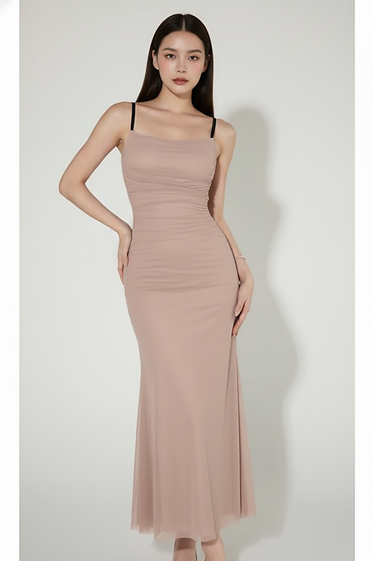 Wine red sleeveless bodycon maxi dress, front view on model.