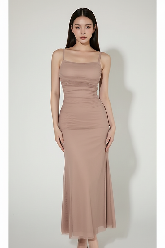 Wine red sleeveless bodycon maxi dress, back view on model.