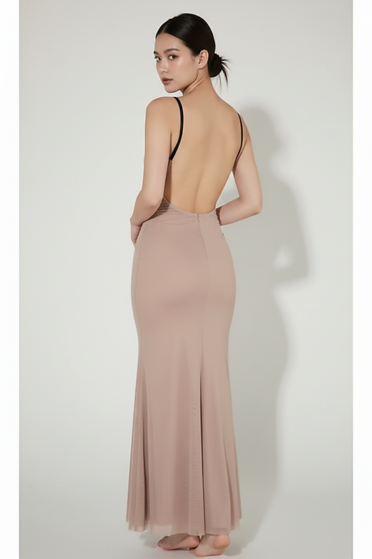 Wine red sleeveless bodycon maxi dress, side view on model.