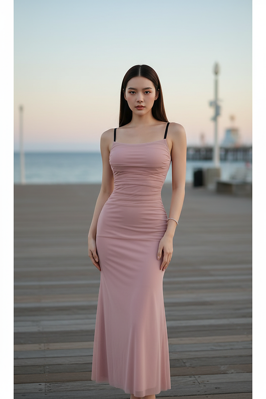 Wine red maxi dress, corset detail close-up.