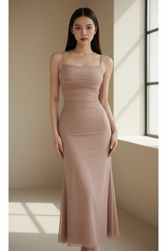 Wine red maxi dress, spaghetti strap detail.