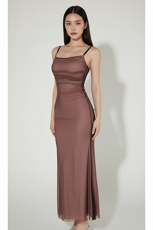 Wine red maxi dress, full length on model.