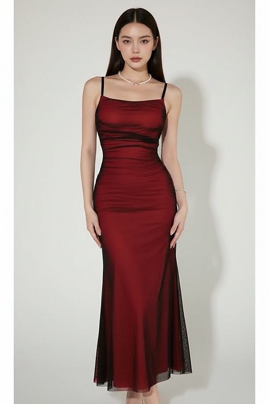 Wine red sleeveless bodycon maxi dress, front view on model.