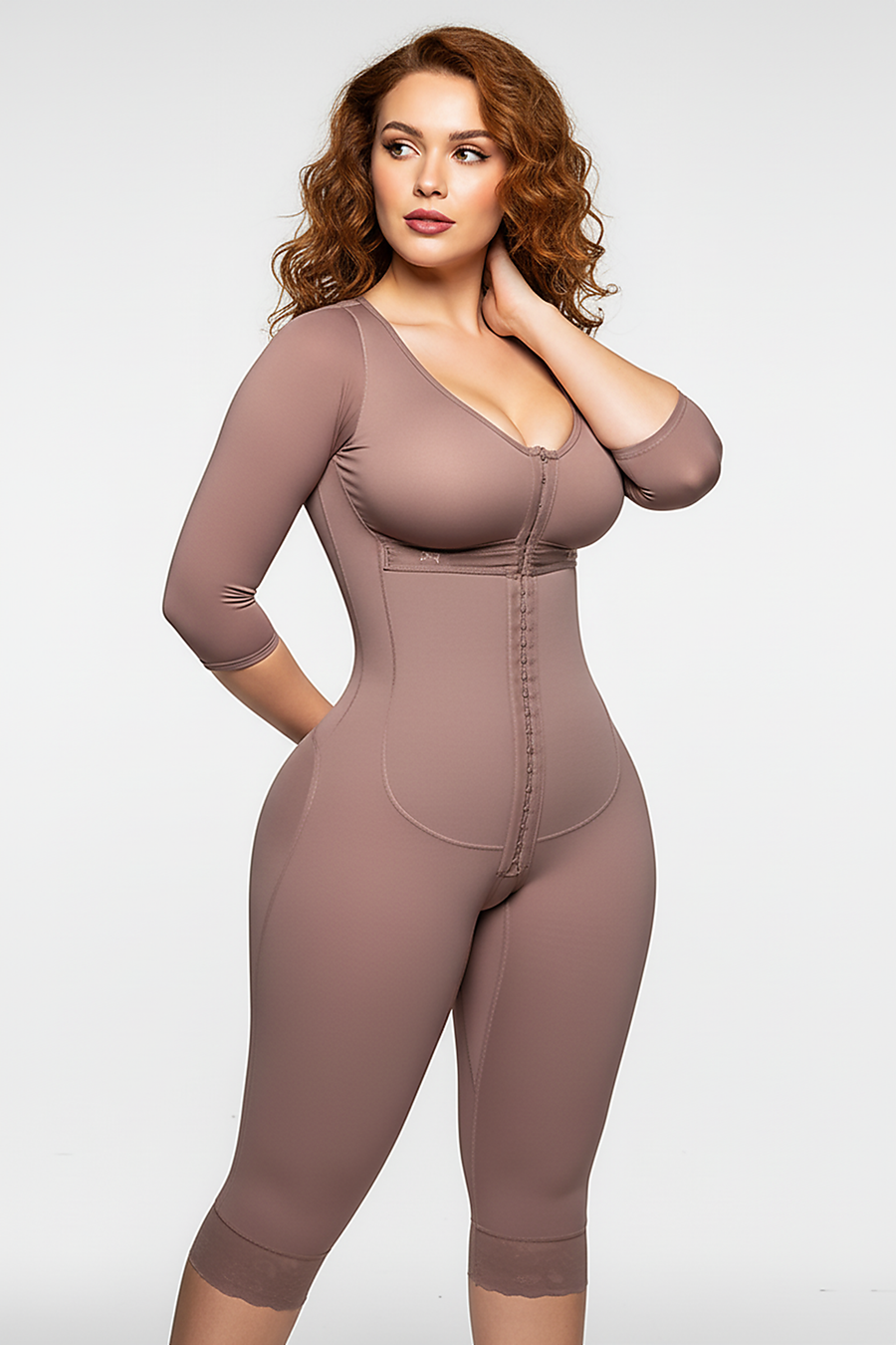 Full-body shaper, side view on model.
