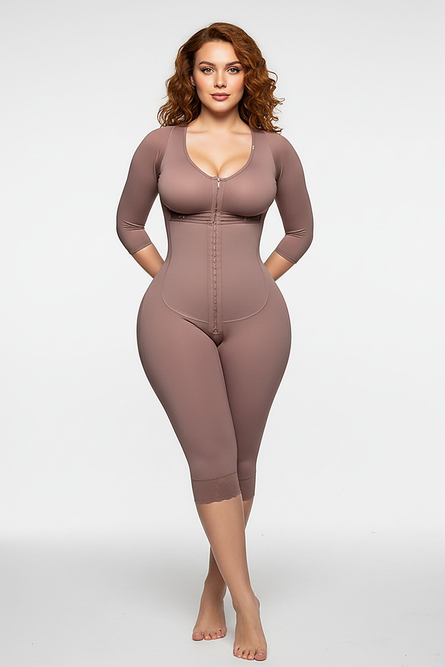 Full-body shaper, diagonal view on model.