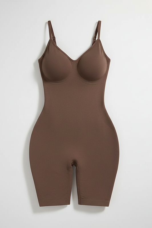 Nude full-body shaper shorts, alternate angle on model.