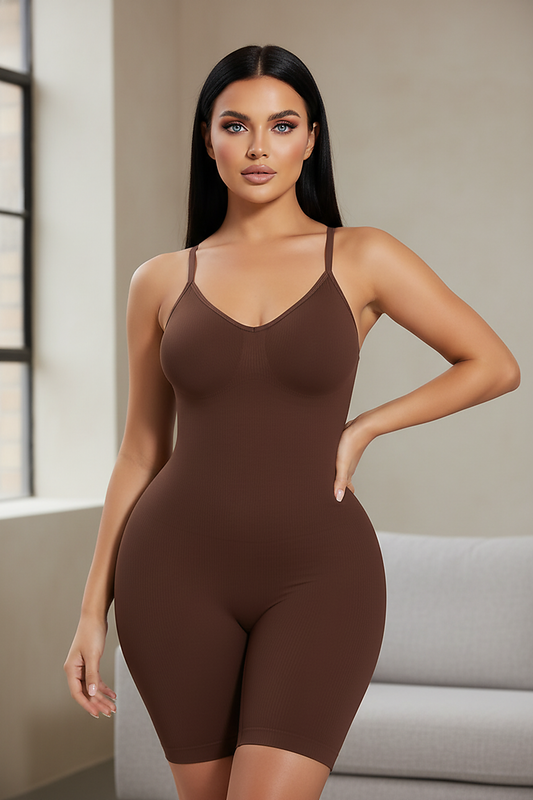 Black full-body shaper, lifestyle view on model.