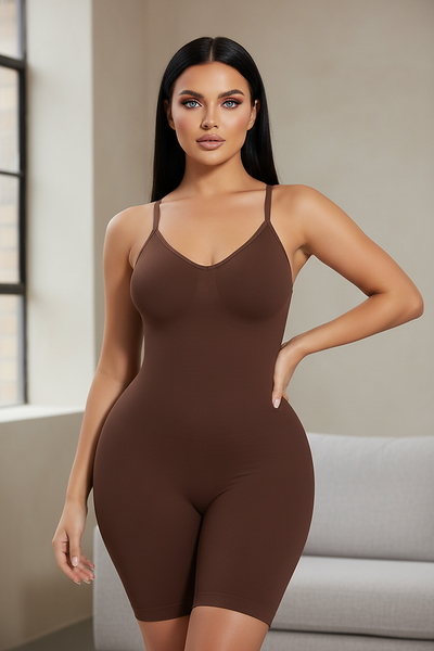Black full-body shaper, lifestyle view on model.