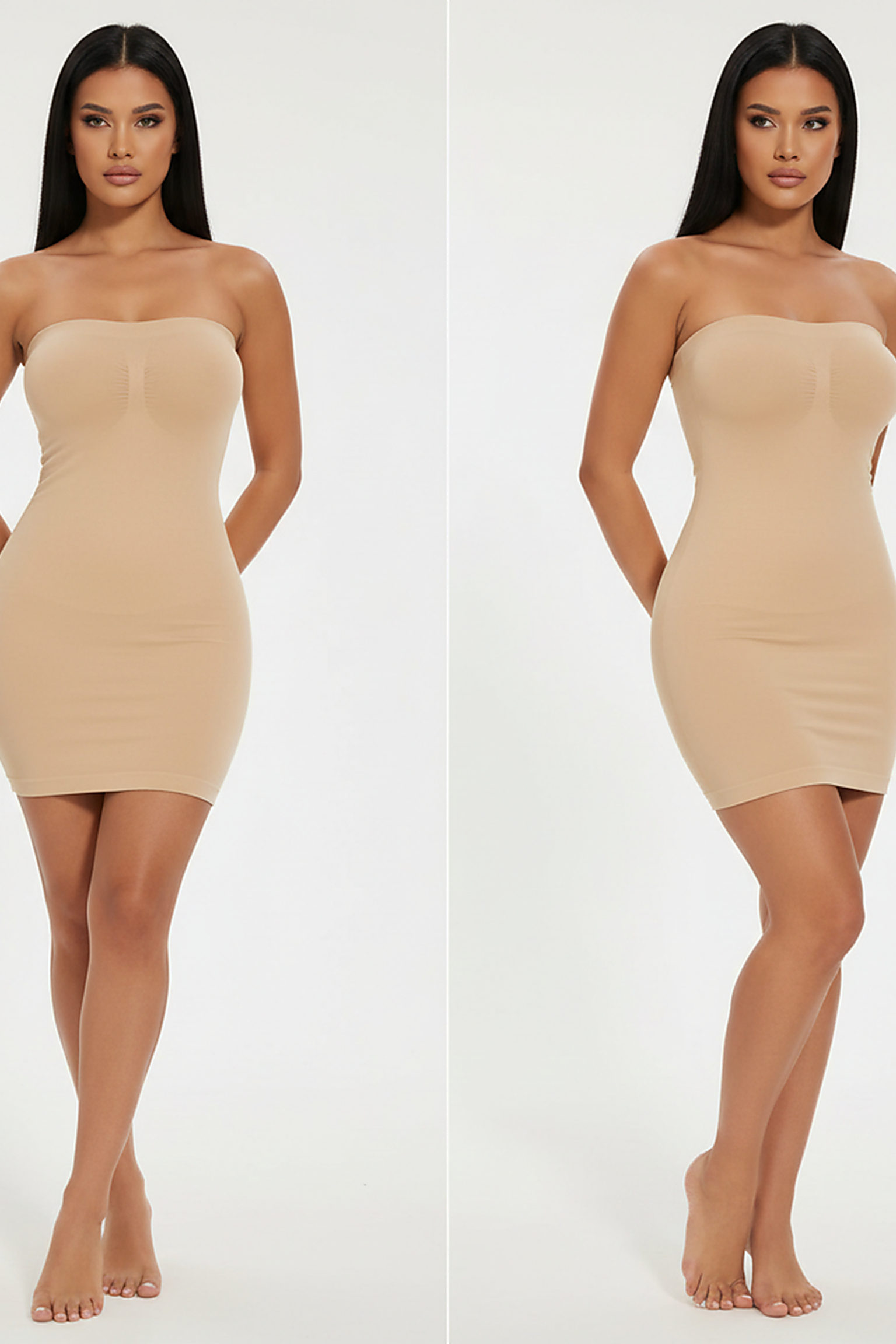 Strapless bodycon shapewear full slip, front view.