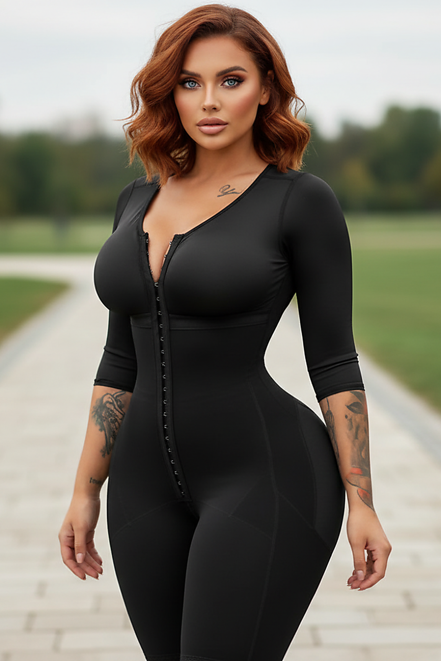 Nude shaper, outdoor lifestyle view on model.