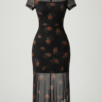 Dark floral print short-sleeve midi dress with mesh patchwork, front view on model.