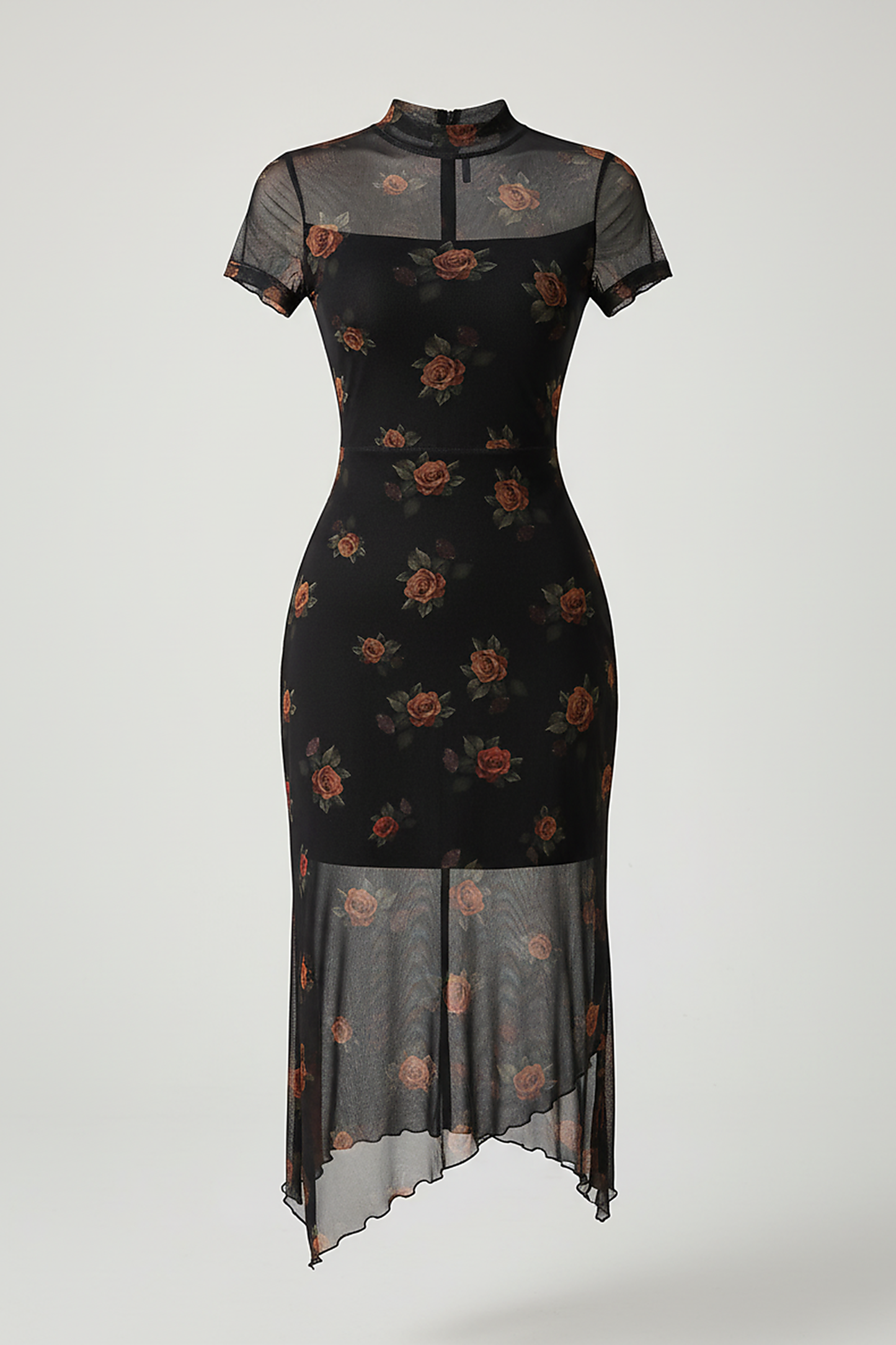 Dark floral print short-sleeve midi dress with mesh patchwork, front view on model.