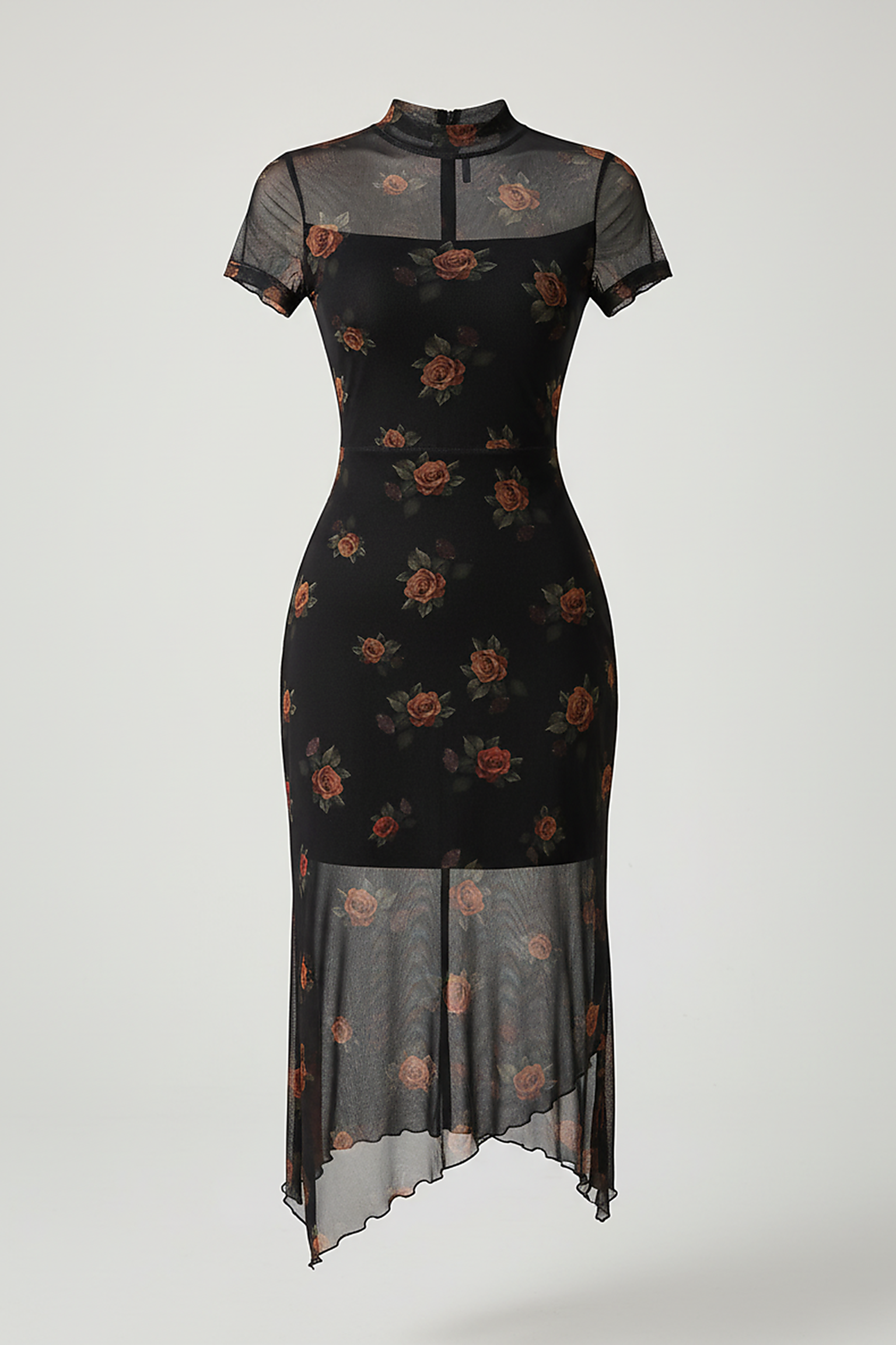 Dark floral print short-sleeve midi dress with mesh patchwork, front view on model.
