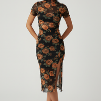 Floral print short-sleeve double-layer mesh midi dress, front view on model.