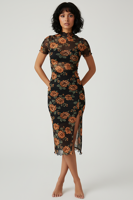 Floral print short-sleeve double-layer mesh midi dress, front view on model.