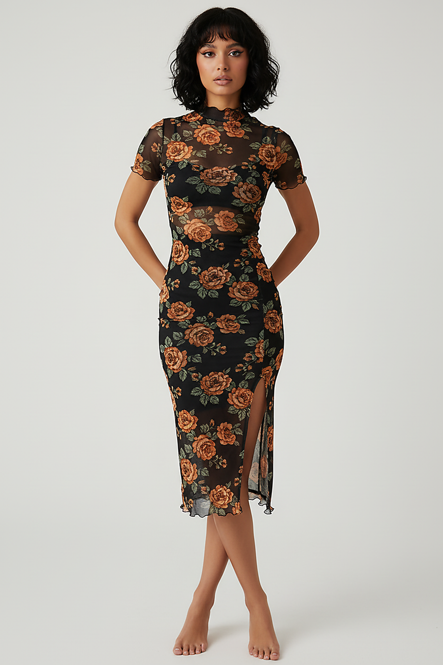 Floral print short-sleeve double-layer mesh midi dress, front view on model.
