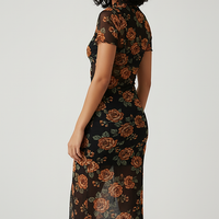 Short-sleeve double-layer mesh patchwork midi dress, front view on model.