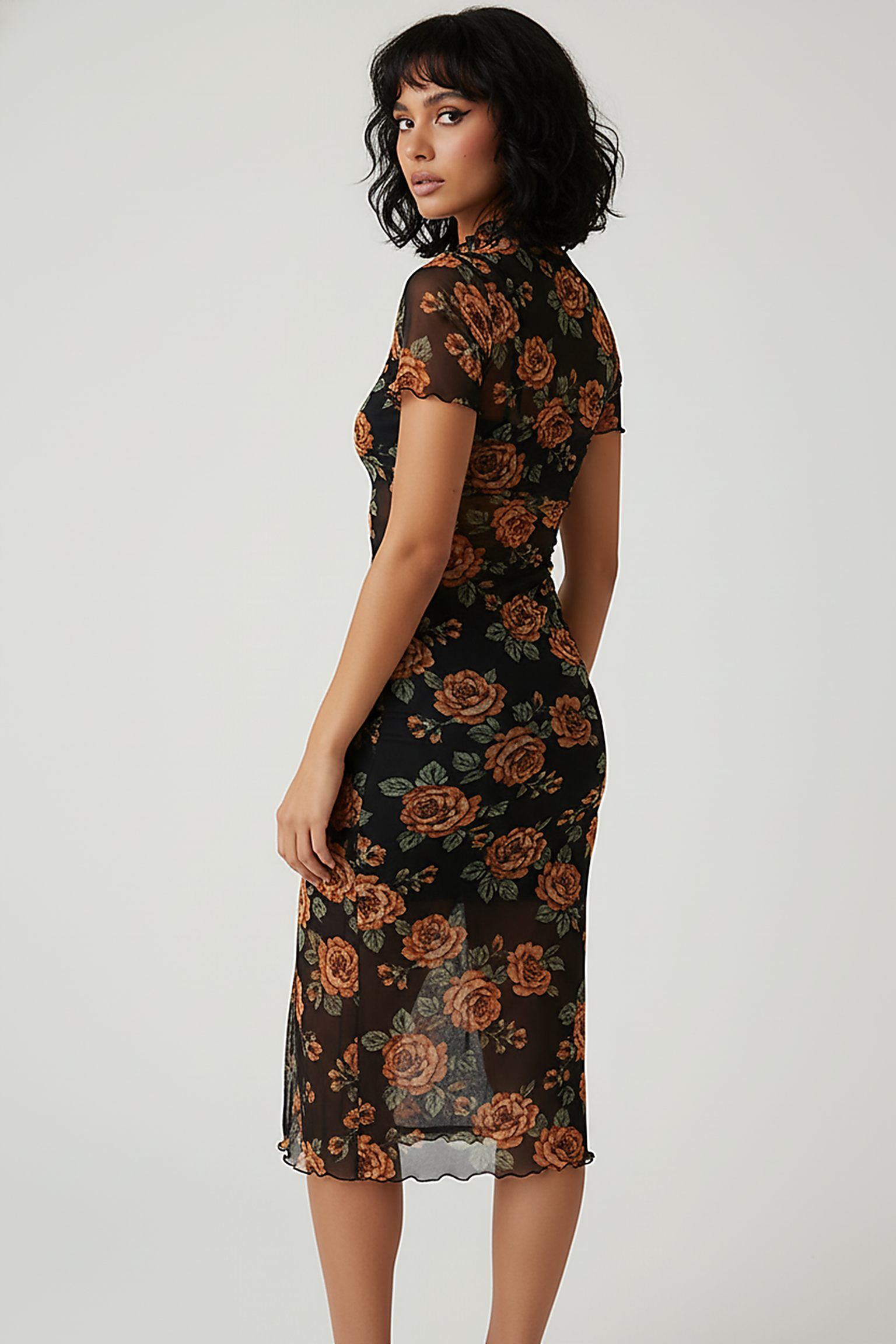 Short-sleeve double-layer mesh patchwork midi dress, front view on model.