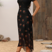 Double-layer mesh patchwork short-sleeve midi dress, front view on model.