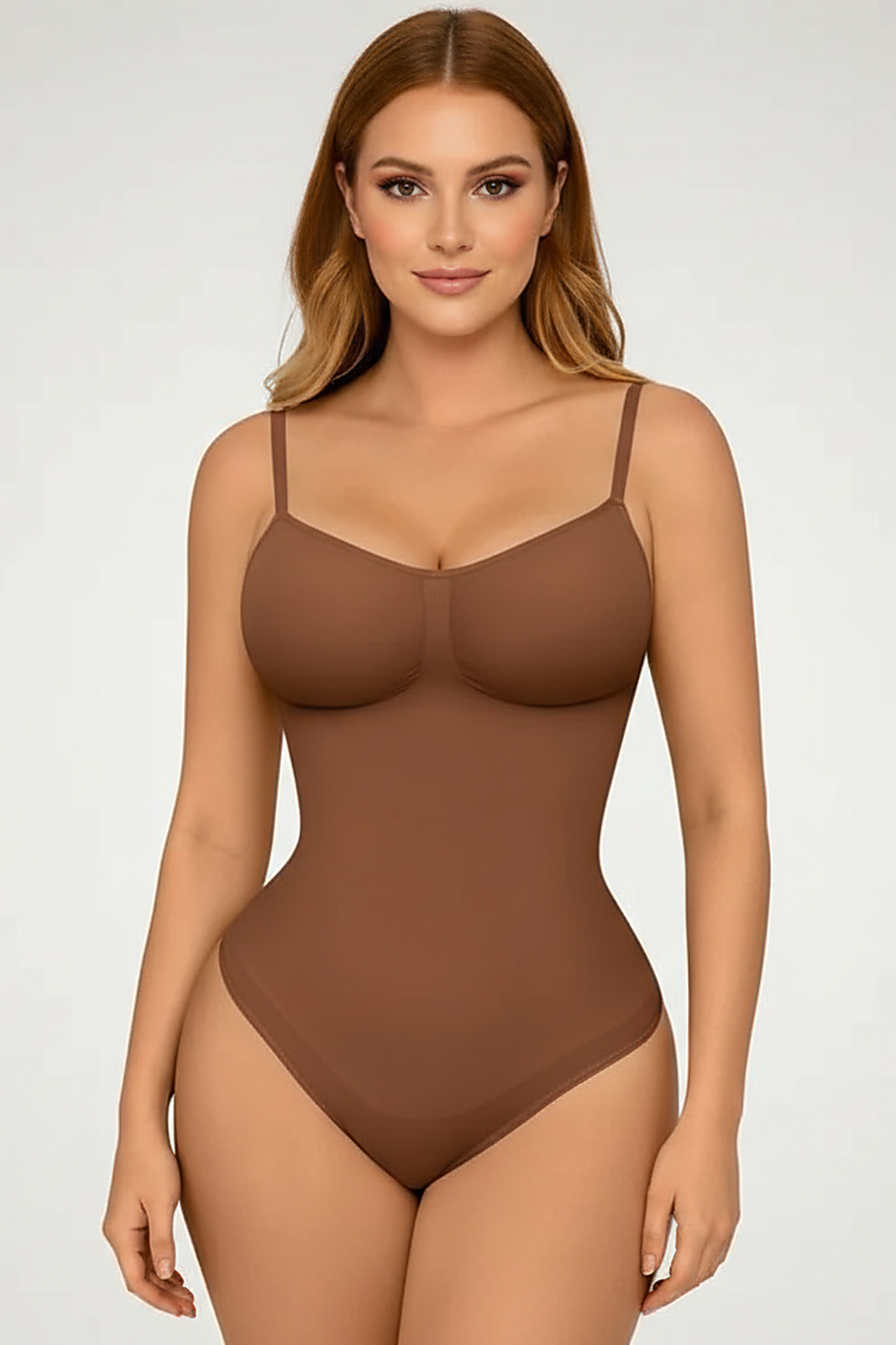 Spandex thong bodysuit, angled view on model.