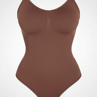 Spandex thong bodysuit, angled view on model.