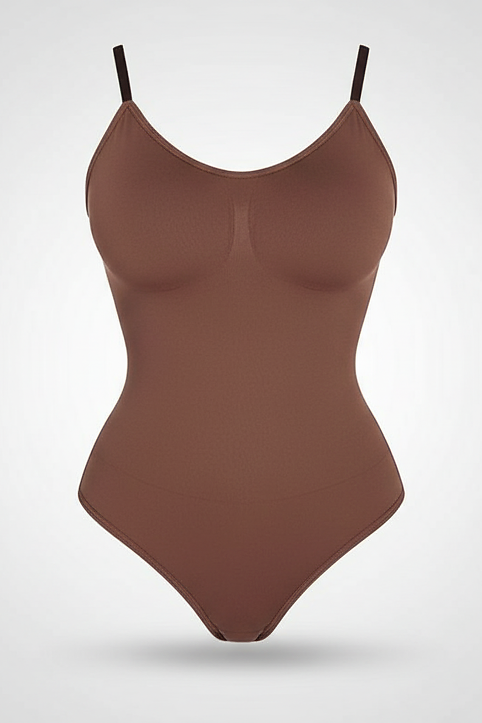 Spandex thong bodysuit, angled view on model.