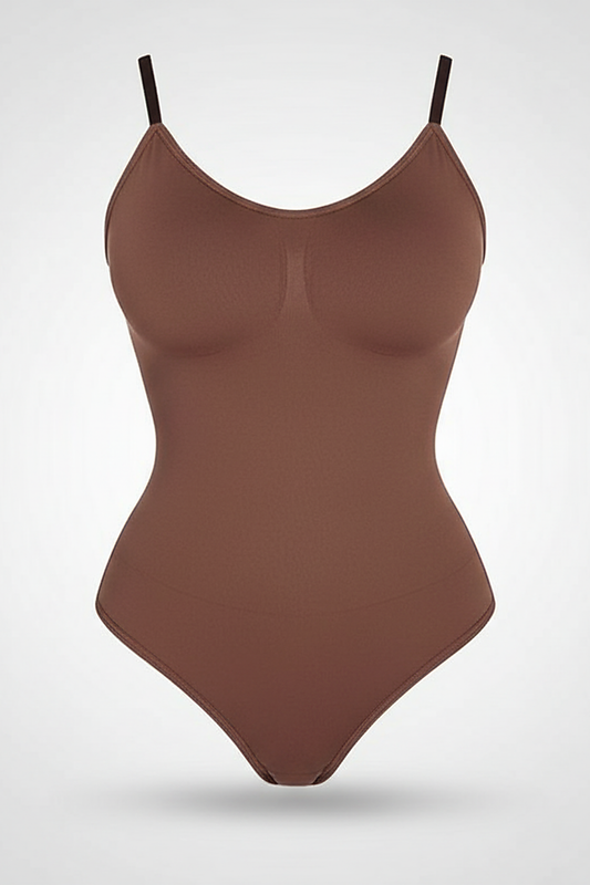 Spandex thong bodysuit, angled view on model.