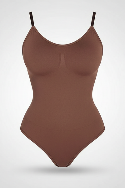 Spandex thong bodysuit, angled view on model.