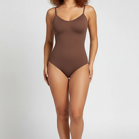 Spandex thong bodysuit, front view on model.