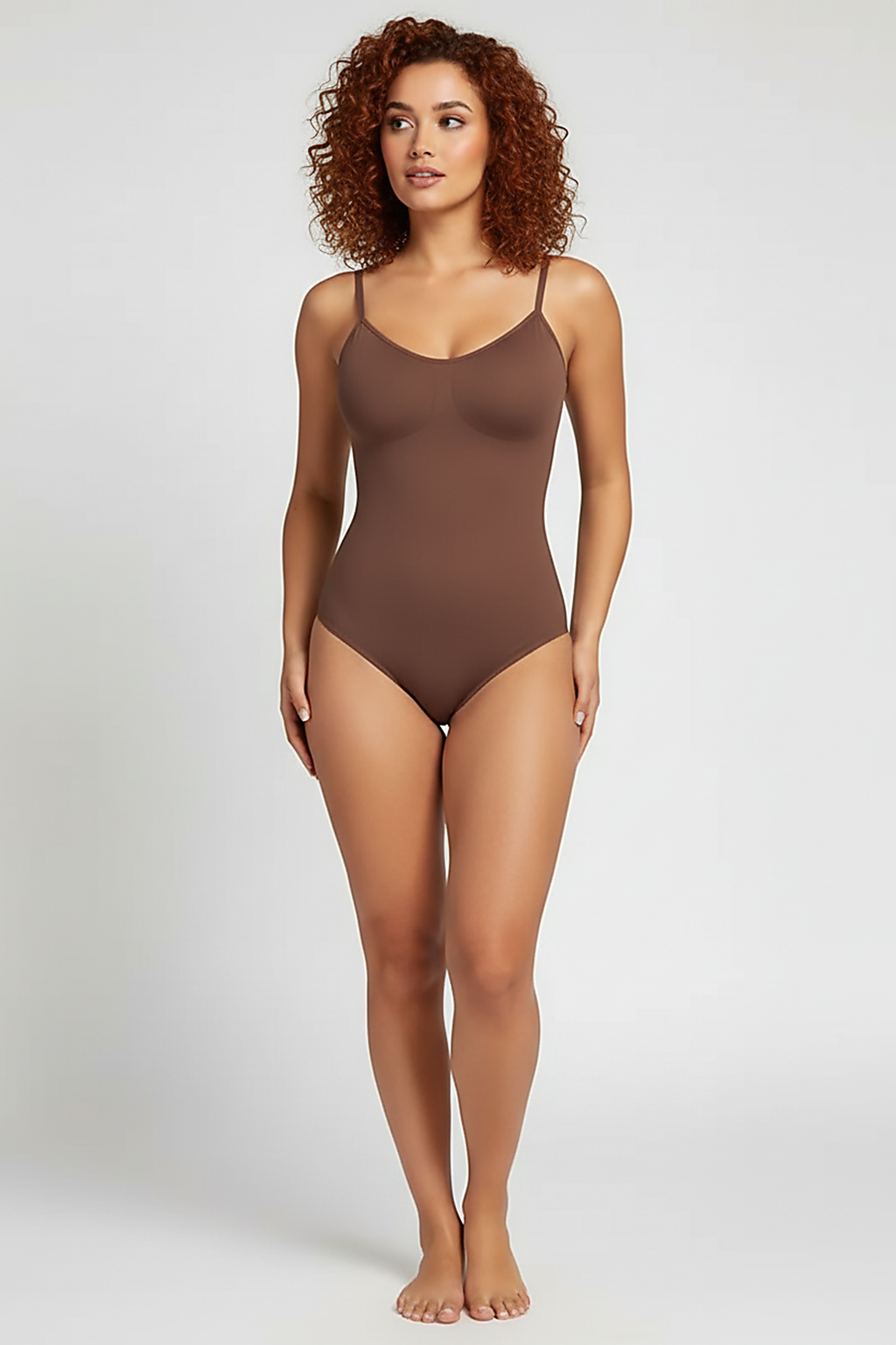 Spandex thong bodysuit, front view on model.