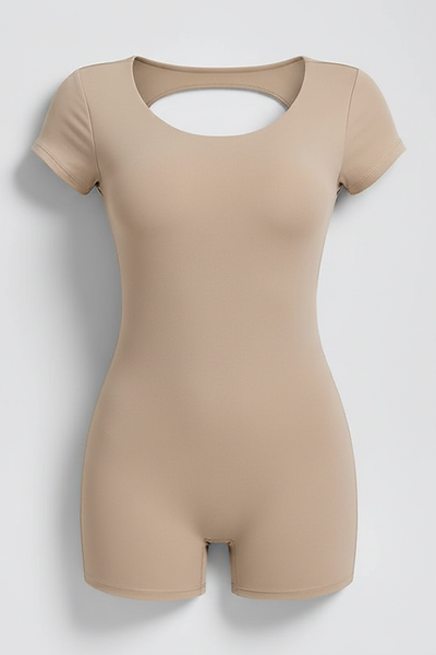 Backless sports overalls, alternate angle view on model.