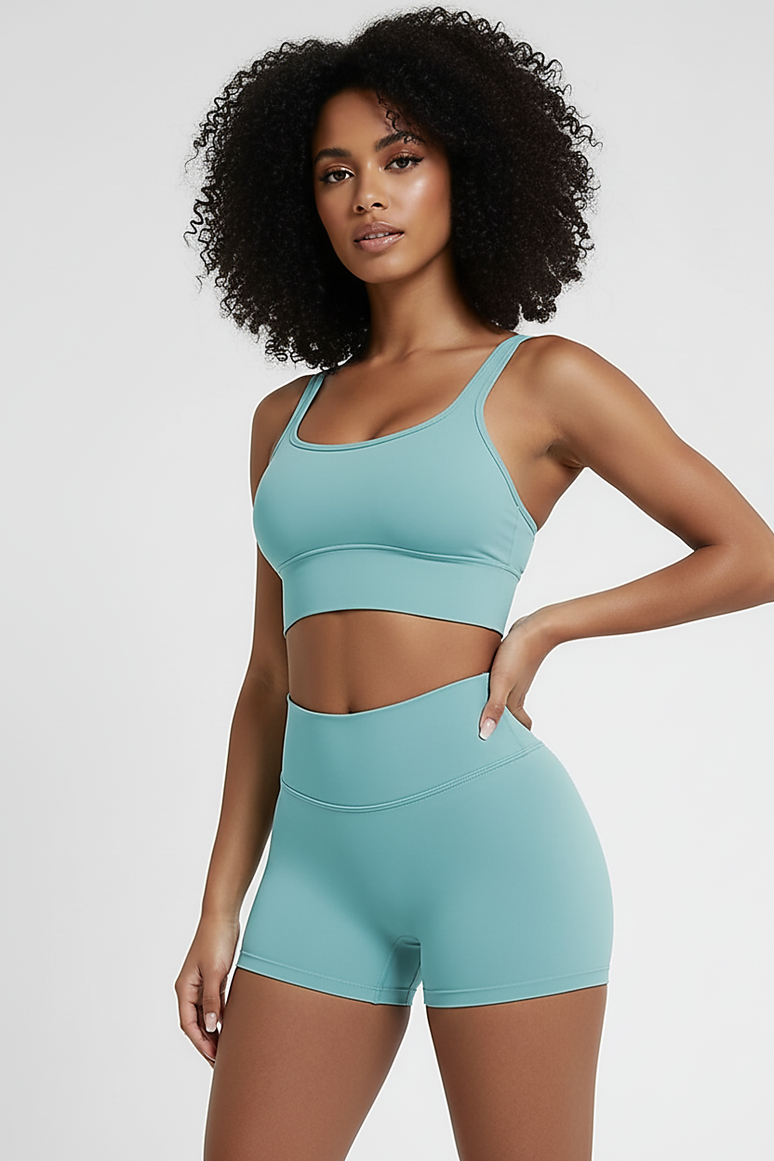 Running sports shorts, alternate angle view on model.