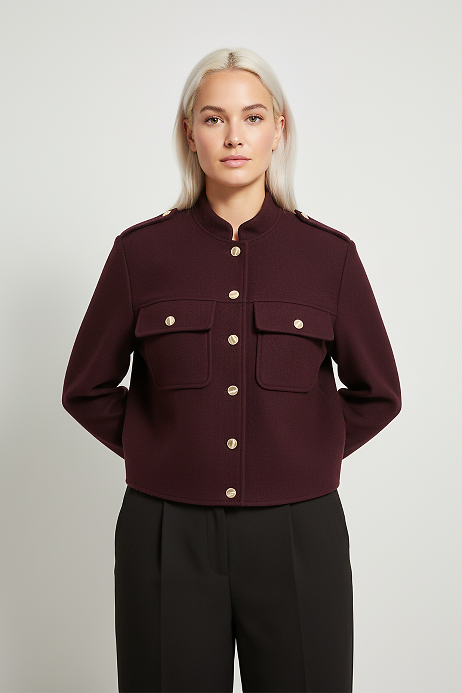 Soft tweed bomber jacket, collar detail.