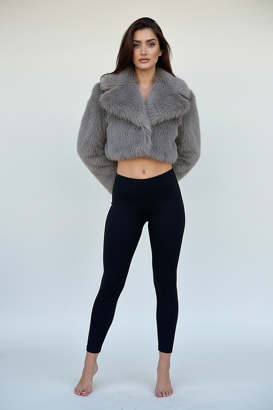 Cropped faux fur jacket, sleeve cuff detail.