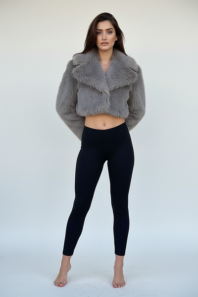 Cropped faux fur jacket, sleeve cuff detail.