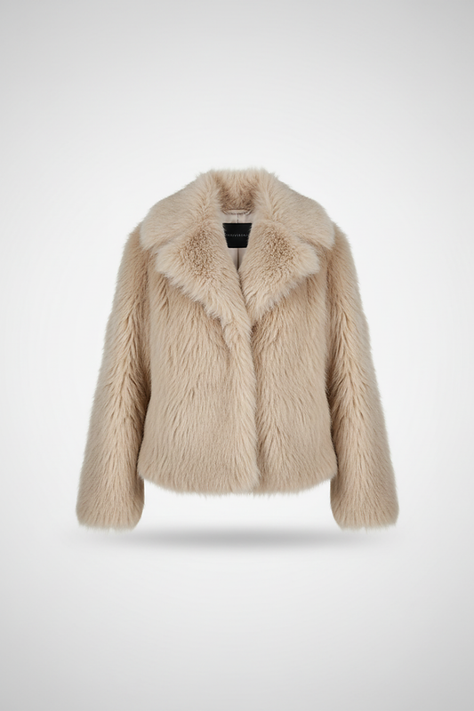 Cropped faux fur jacket, angled back view on model.