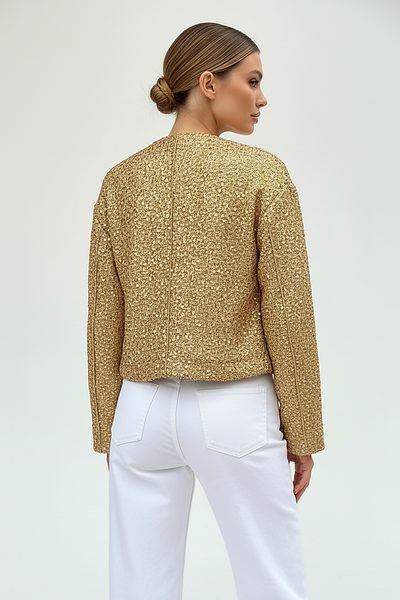 Gold sequin jacket, full length front view on model.