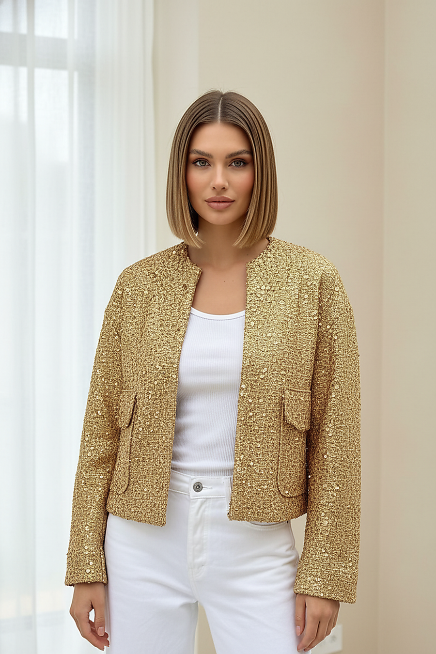 Gold sequin jacket, stand collar detail.