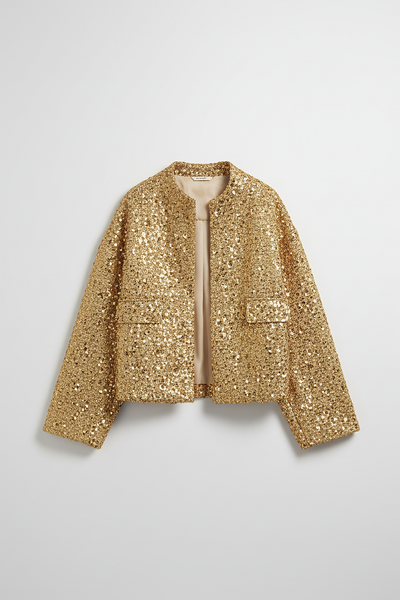 Gold sequin jacket, back view on model.