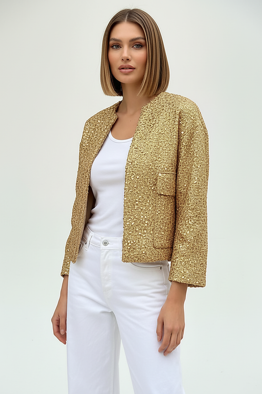 Gold sequin jacket, front view, slightly open.