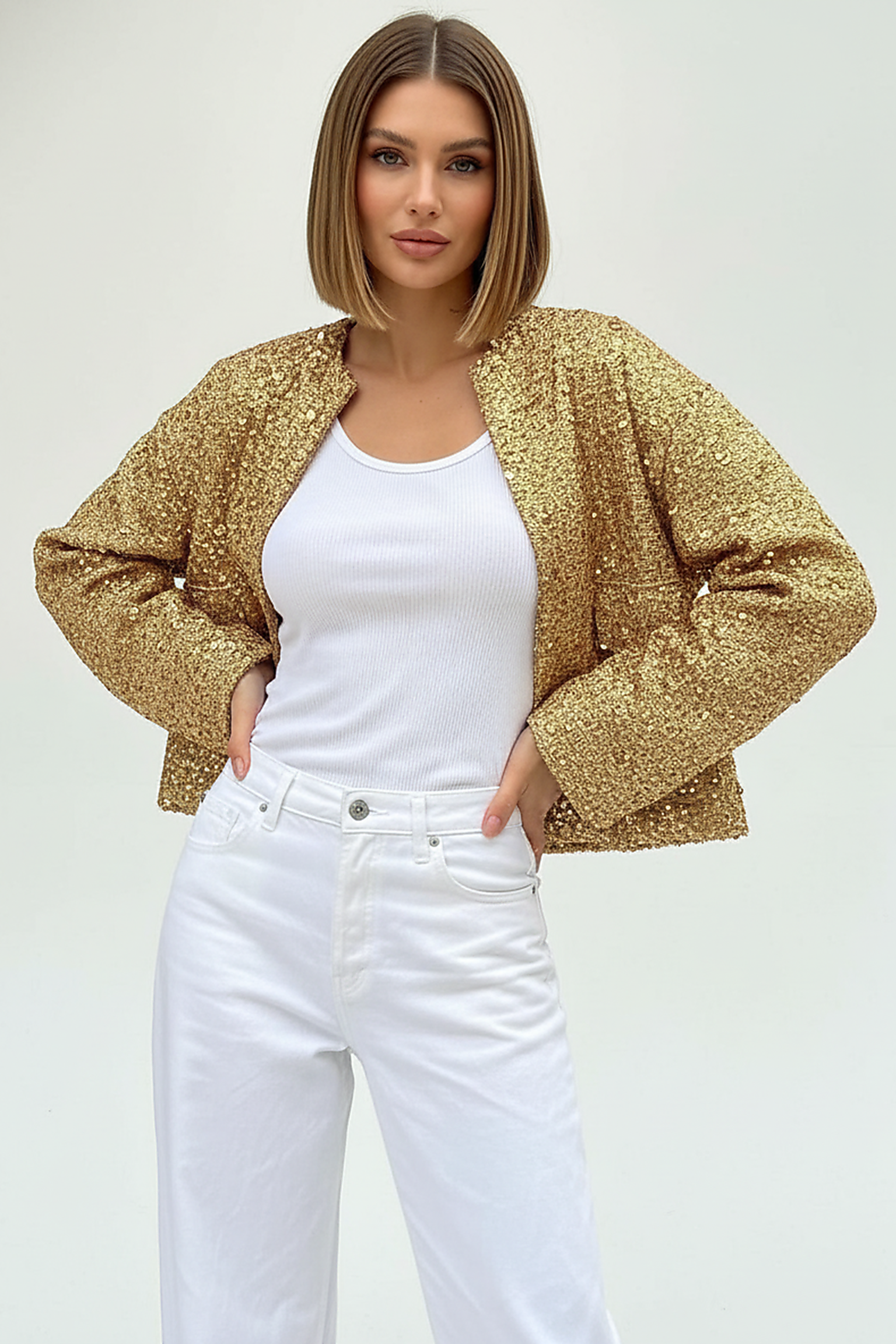 Gold sequin jacket, close-up of sequins.