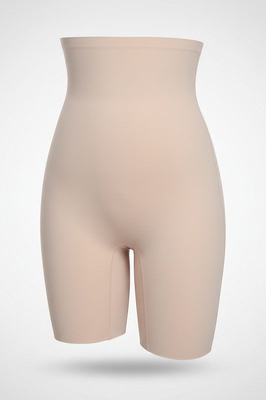 High-waist cotton blend power shorts, angled view on model.