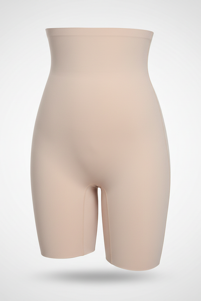 High-waist cotton blend power shorts, angled view on model.