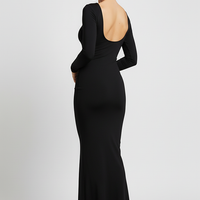 Elegant solid long sleeve backless bodycon maxi dress, front view on model.