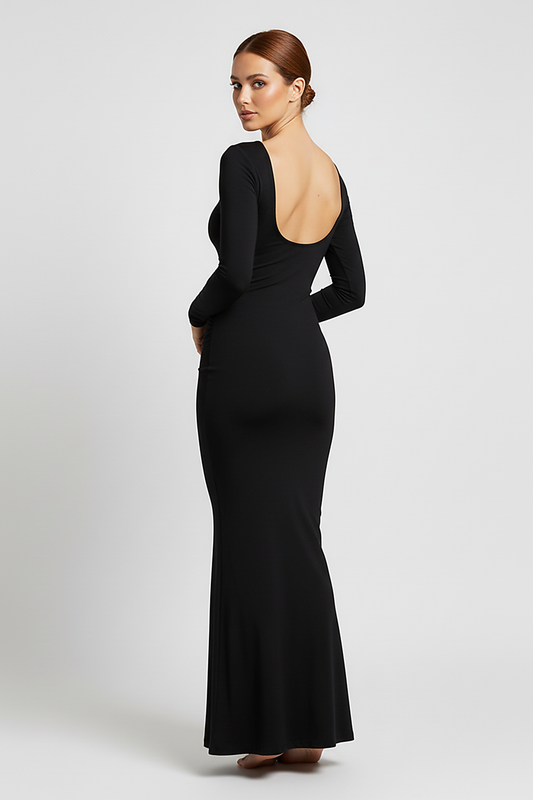 Elegant solid long sleeve backless bodycon maxi dress, front view on model.